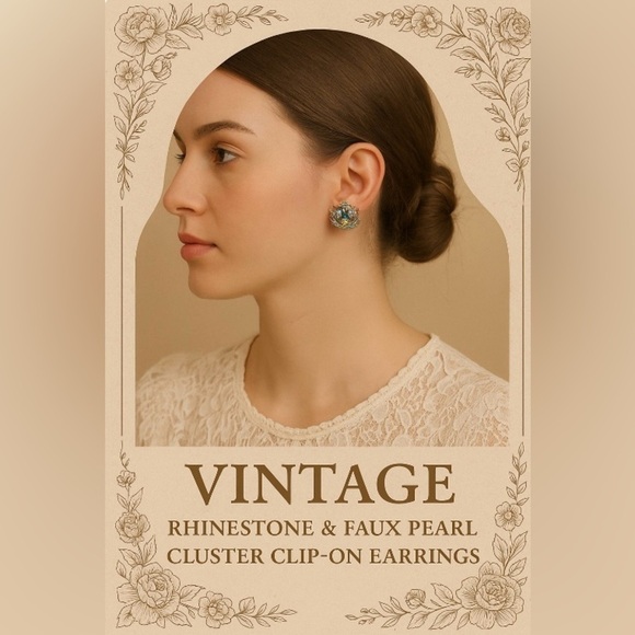 Vintage Aurora Borealis Rhinestone & Faux Pearl Clip-On Earrings - Picture 9 of 9